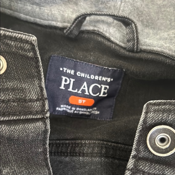 Kids Black Denim Jacket with Gray Hood - Picture 2 of 4